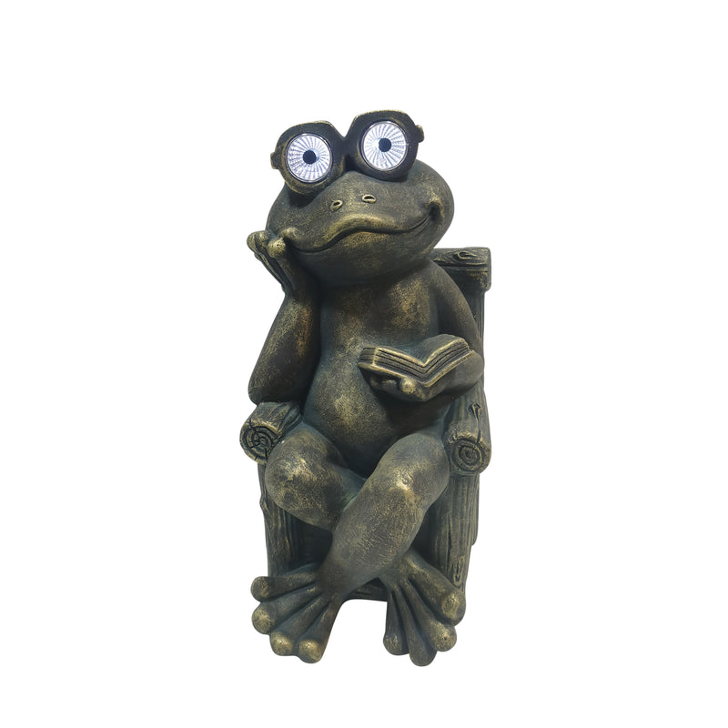 16" Sitting Frog With Book And Solar Glasses, Bron