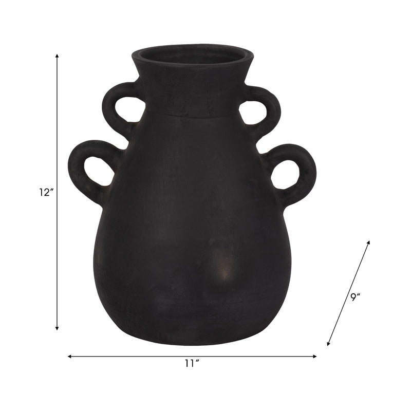 TERRACOTTA, 12" VASE WITH 4 HANDLES, BLACK