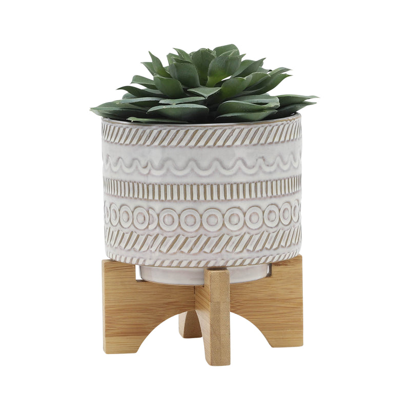 5" TRIBAL PLANTER W/ WOOD STAND, BEIGE