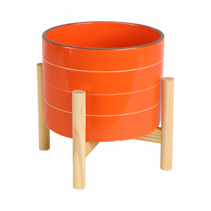 8" STRIPED PLANTER W/ WOOD STAND, ORANGE