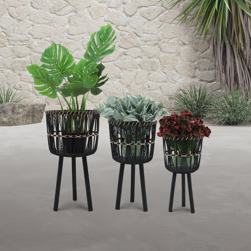 S/3 Bamboo Planters 11/13/15", Black