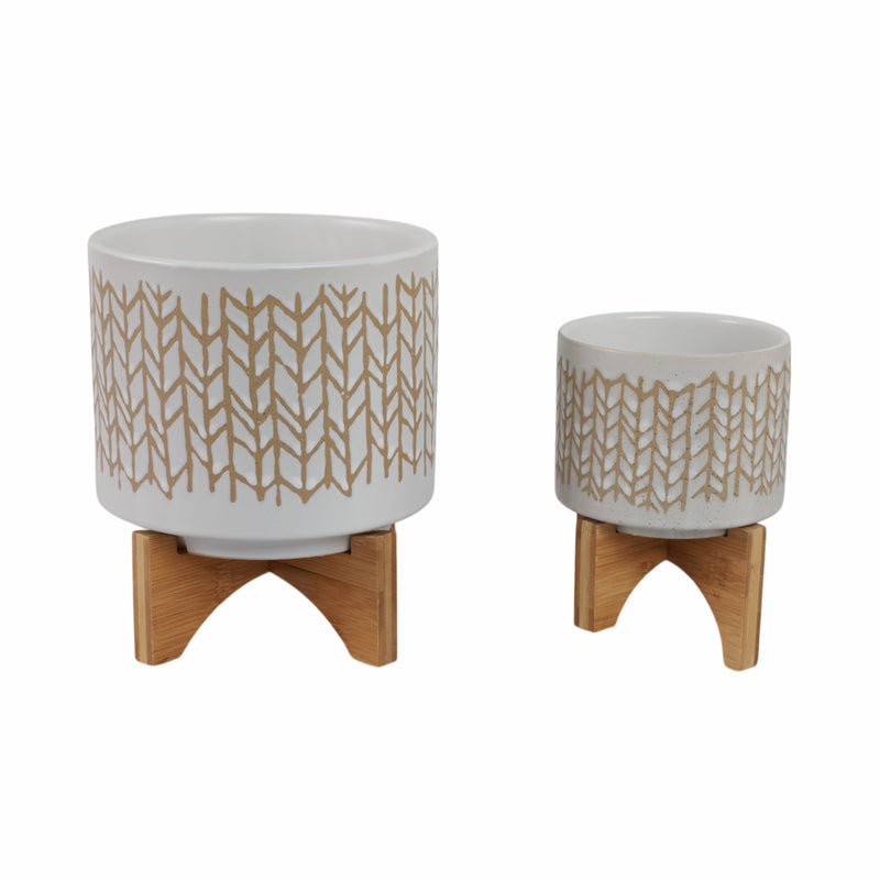 S/2 5/8" CHEVRON PLANTER W/ WOOD STAND, BEIGE