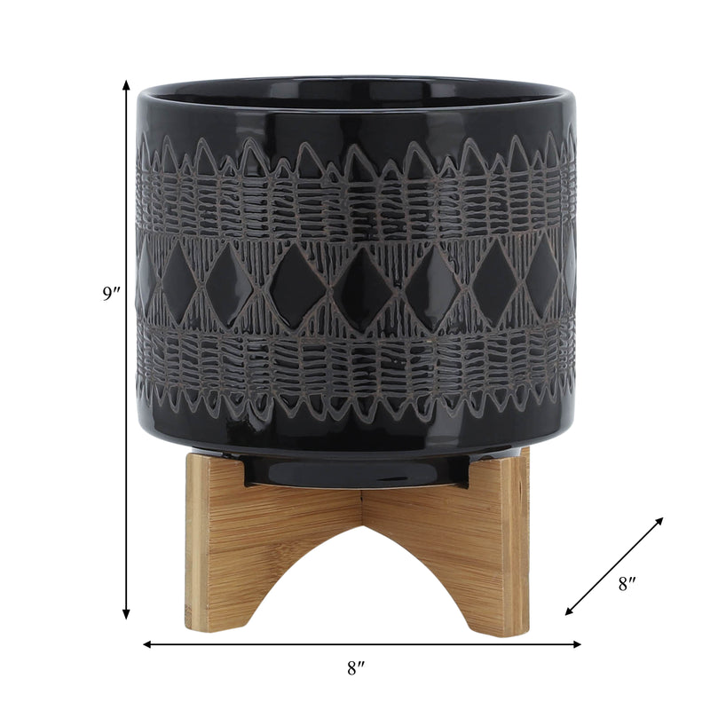 CERAMIC 8" AZTEC PLANTER ON WOODEN STAND, BLACK