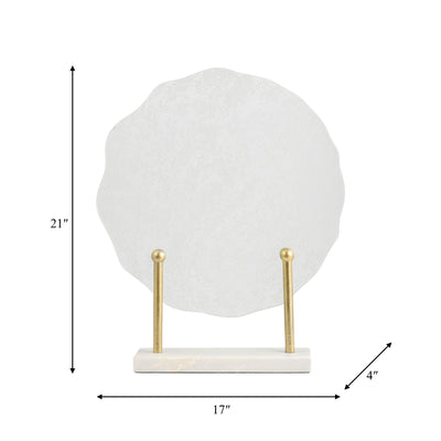 METAL,21"H,SPECKLED GLASS DISC ON MARBLE STAND,WHI