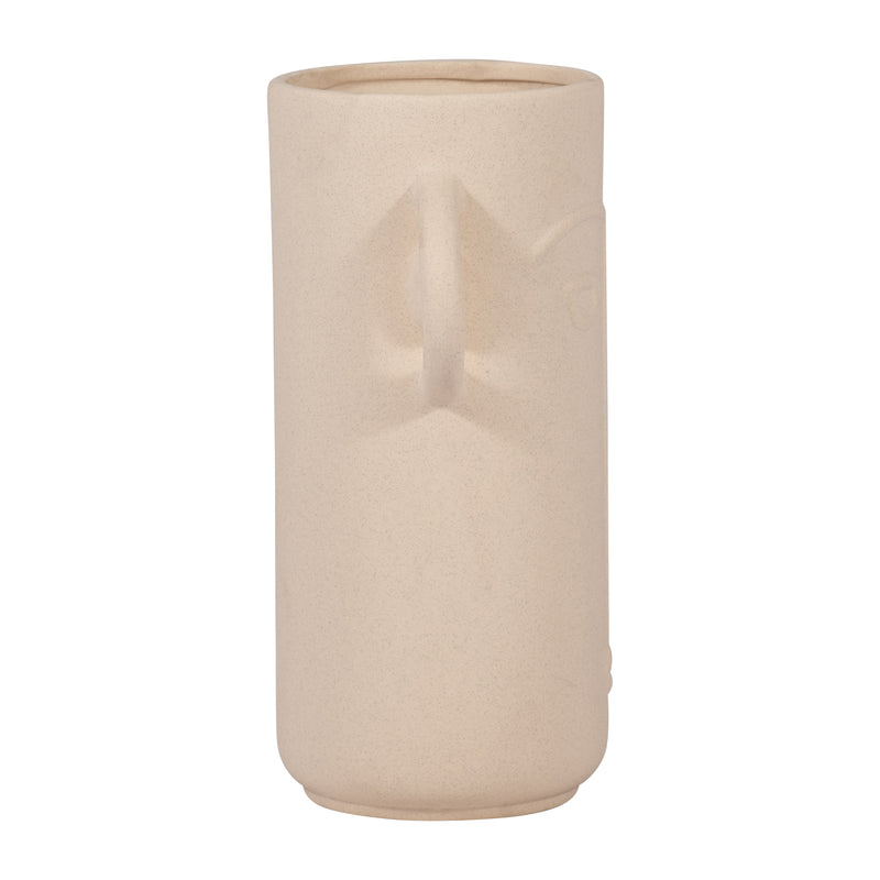 Cer, 10" Face Vase W/ Handles, Ivory