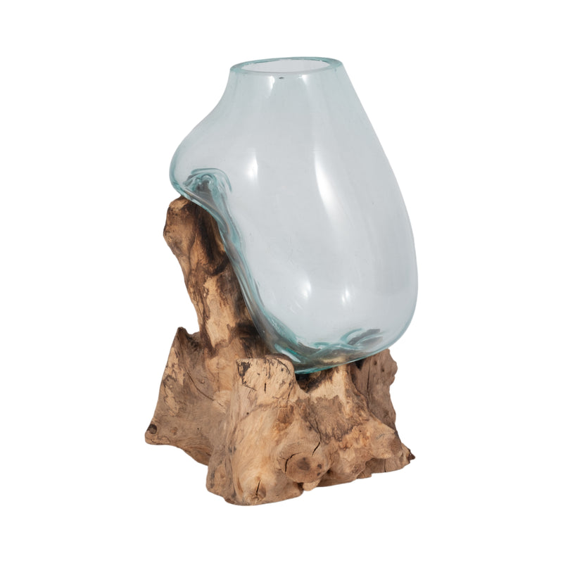 GLASS 16"H VASE IN WOOD STAND, BROWN