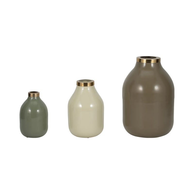 S/3 7/9/12" Jefford Metal Bottle Vases, Green