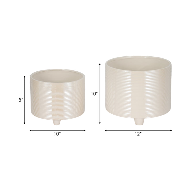 S/2 10/12" Iridescent Ribbed Planters, Ivory