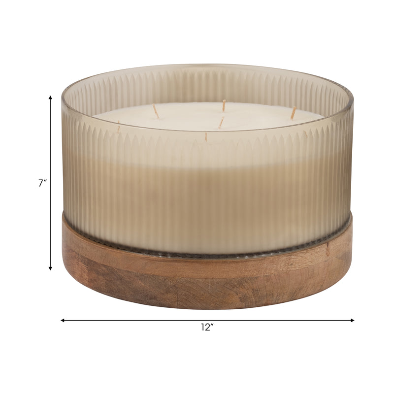 12" 183 Oz Glass Candle W/ Wood Base, Ivory