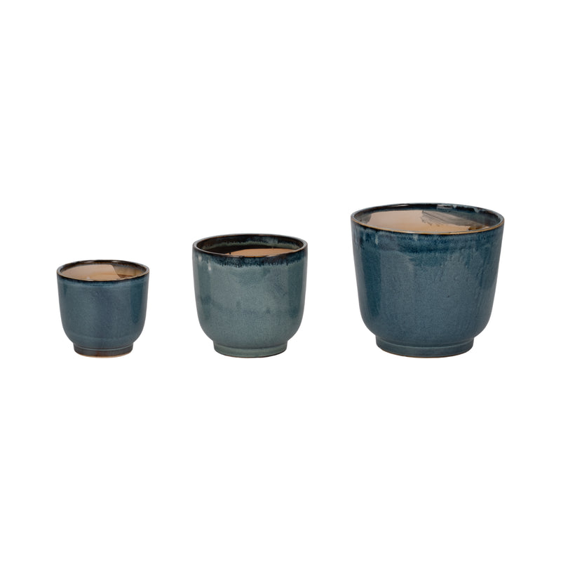 S/3 6/8/10" Reactive Finish Planters, Blue