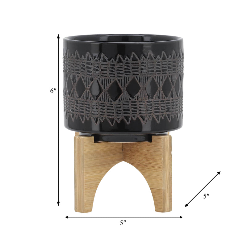 CERAMIC 5" AZTEC PLANTER ON WOODEN STAND, BLACK