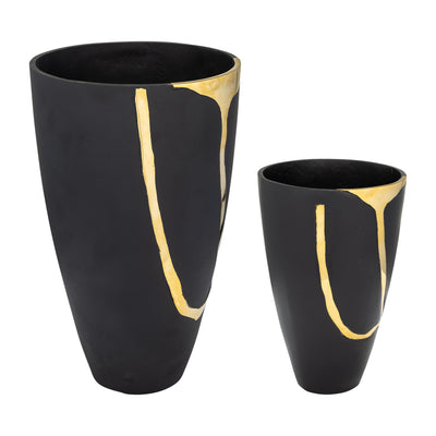 S/2 9/14", METAL  CRACKED DESIGN  VASES, BRASS/CHA