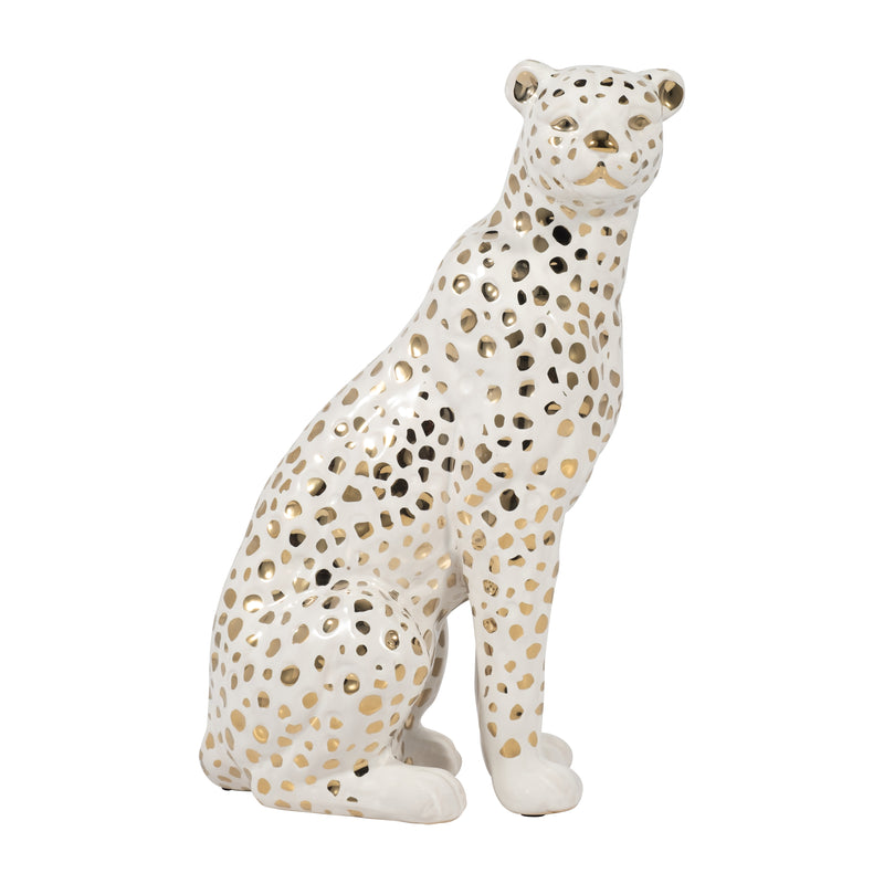 11" SITTING LEOPARD, WHITE/GOLD