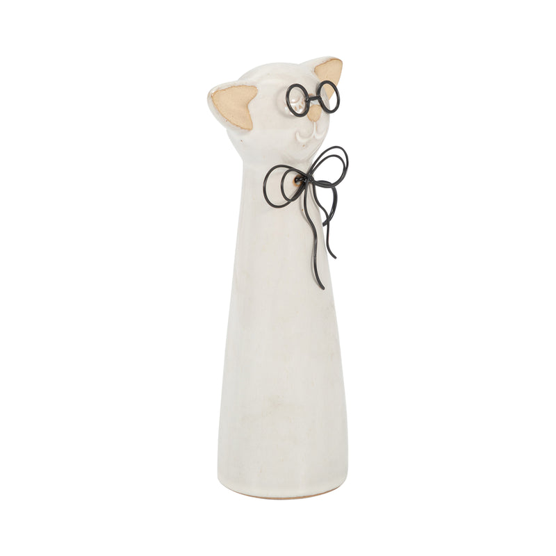 CER, 8"H CAT W/ GLASSES, BEIGE