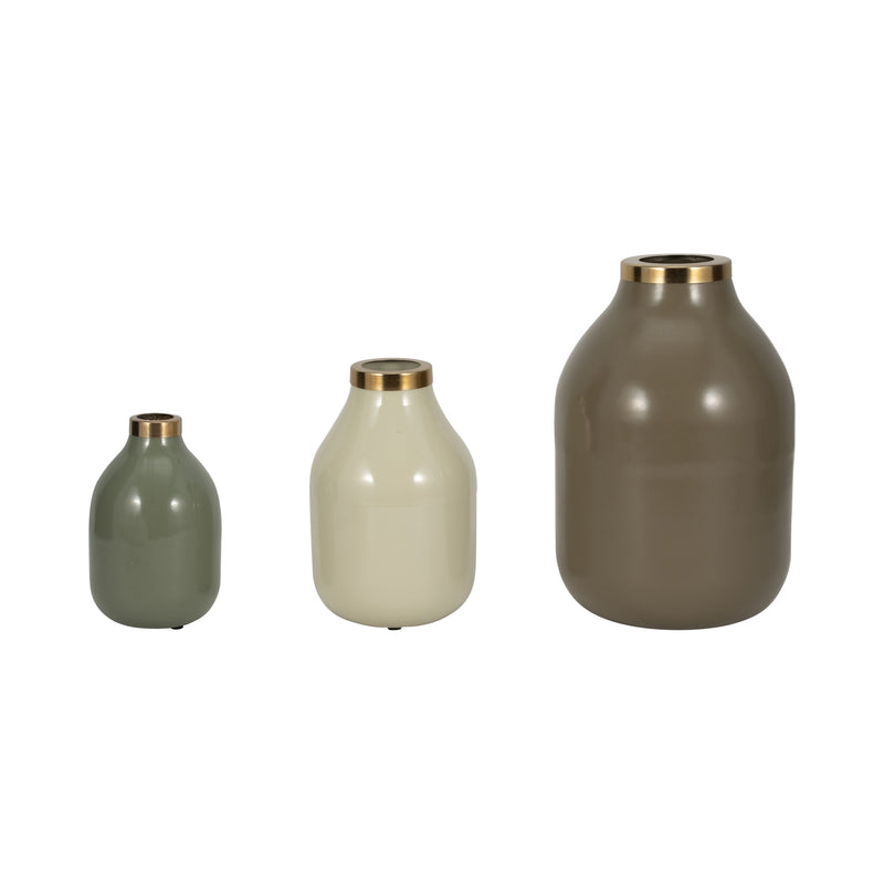 S/3 7/9/12" Jefford Metal Bottle Vases, Green