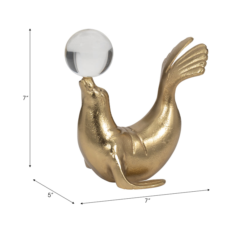 Metal, 7" Sea Lion W/ Acrylic Ball, Gold