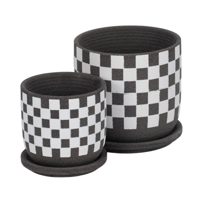 S/2 5/6" Checkerboard Saucer Planters, Black/white