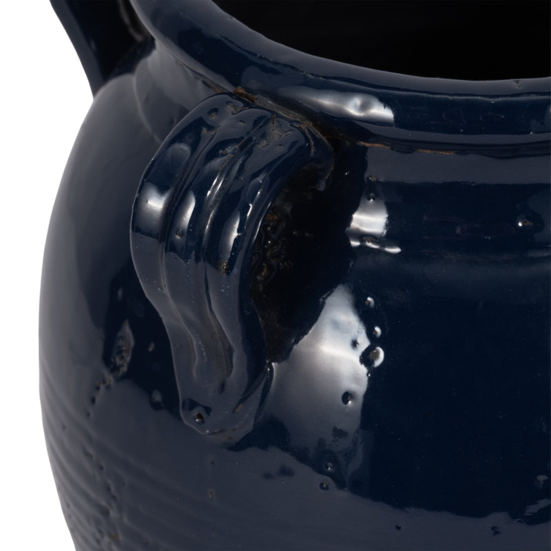 9" Terracotta Vase With Handles, Navy Blue