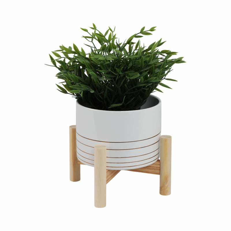 6" CERAMIC METALLIC PLANTER W/ WOOD STAND, WHITE