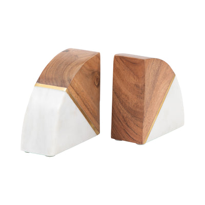 Marble, S/2 5" Bookends W/ Wood And Brass Detail,