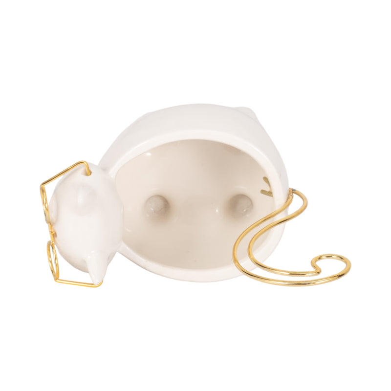 CER, 6" KITTY TRINKET DISH, WHITE/GOLD