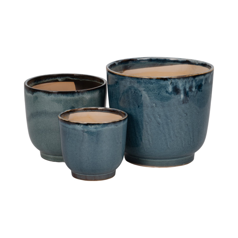 S/3 6/8/10" Reactive Finish Planters, Blue