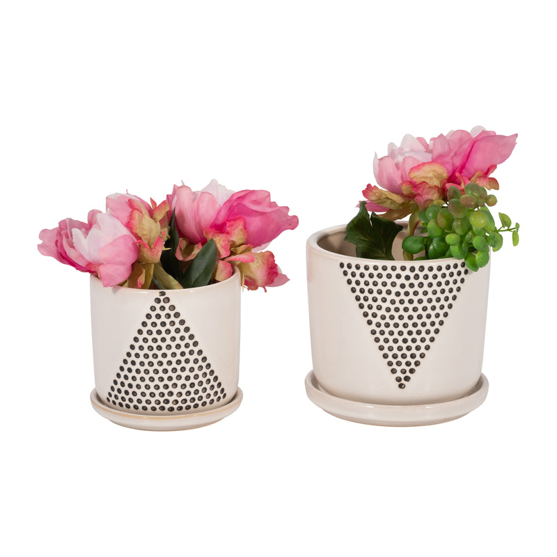 S/2 5/6" TRIANGLE DOTS PLANTER W/ SAUCER, WHITE