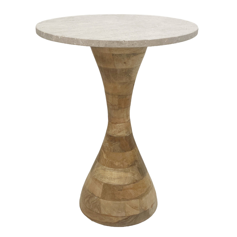 22" Travertine Top Wood Base Accent Table, Tan/nat