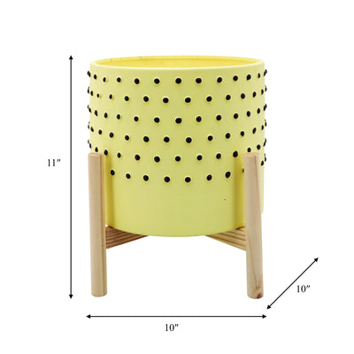 10" DOTTED PLANTER W/ WOOD STAND, YELLOW