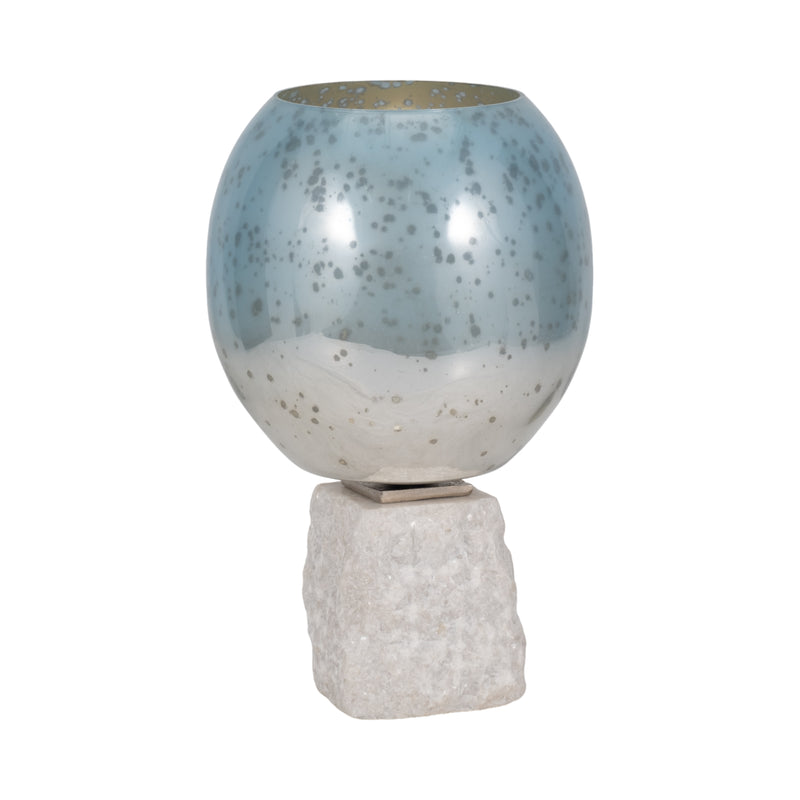 Glass, 13" Bowl Pillar Holder Marble Base, Aqua/wh