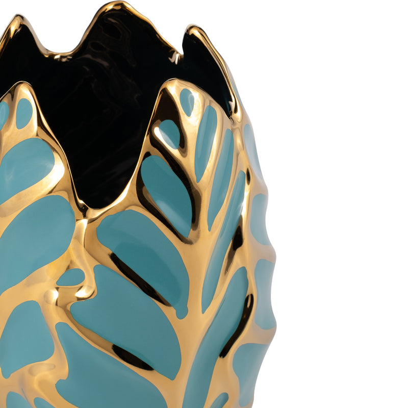 CERAMIC 8"H LEAF VASE, TURQUOISE/GOLD