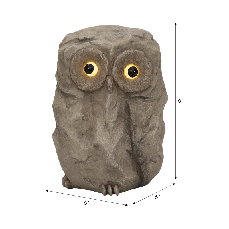 9" Faux Rock Owl With Solar Eyes, Grey