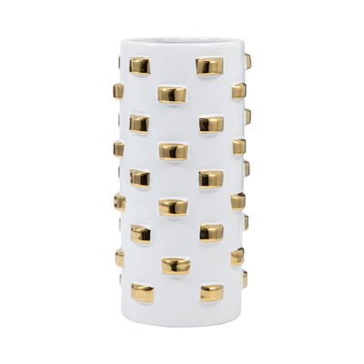 Stoneware, 15" Cylinder Vase, White/gold