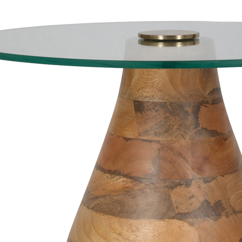 20" Striped Wood Accent Table With Glass Top, Natu