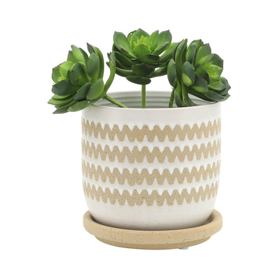 S/2 5/6" ZIG-ZAG PLANTER W/ SAUCER, WHITE