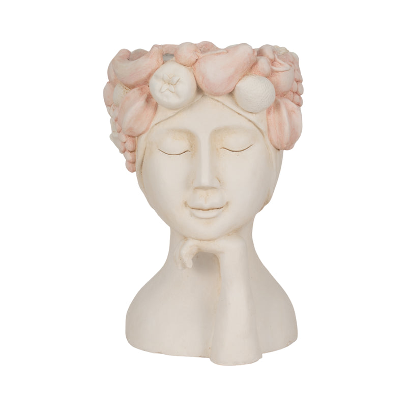 18" Lady With Flower Crown Planter, White/pink