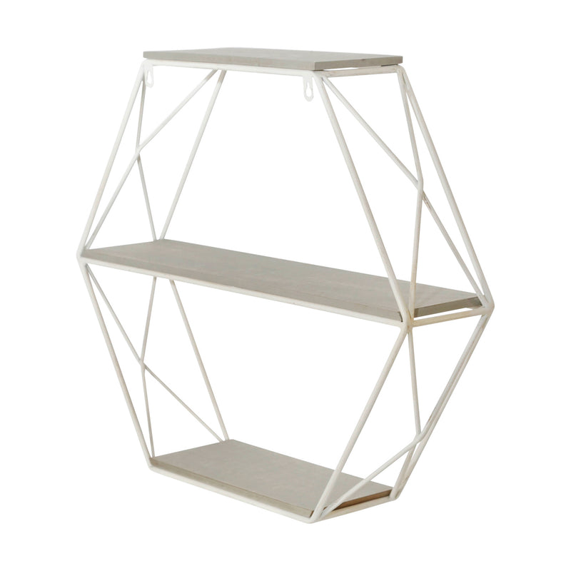 Metal/wood 3 Tier Hexagon Wall Shelf, Gray/white