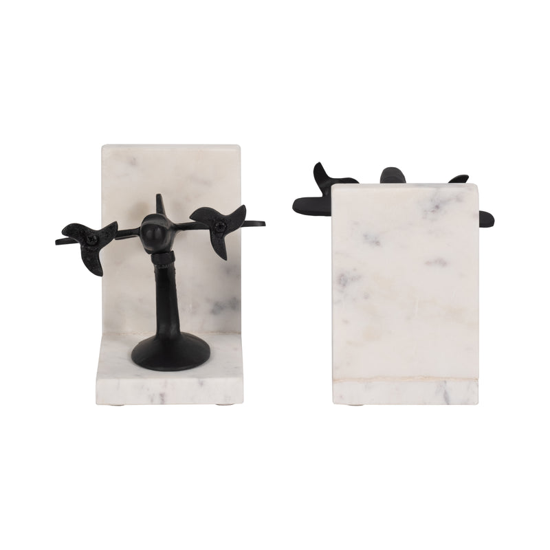 Metal, S/2 6" Airplane Bookends On Marble, Blk/wht