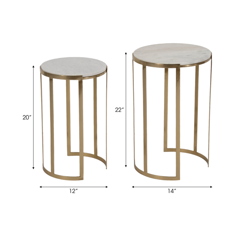 S/2 20/22" Morwar Marble Top Accent Tables, White/