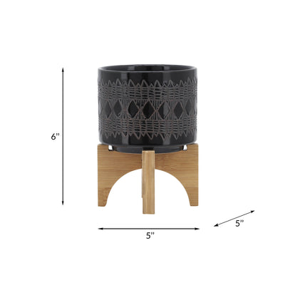 CERAMIC 5" AZTEC PLANTER ON WOODEN STAND, BLACK