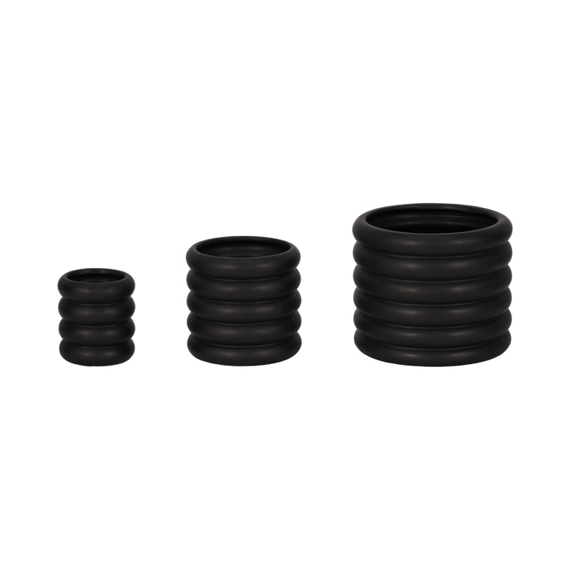 S/3 4/6/7" Stacked Rings Planters, Black