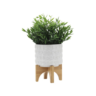 CERAMIC 5" PLANTER ON WOODEN STAND, WHITE