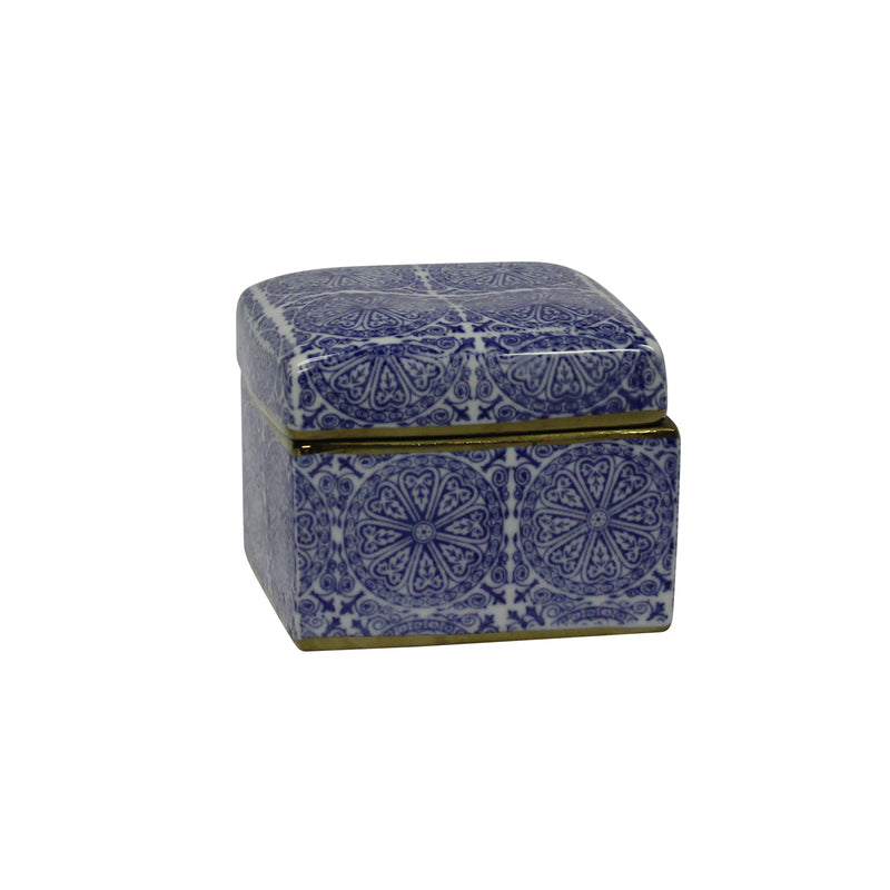 Decorative Ceramic Covered Box, Blue/White/Gold