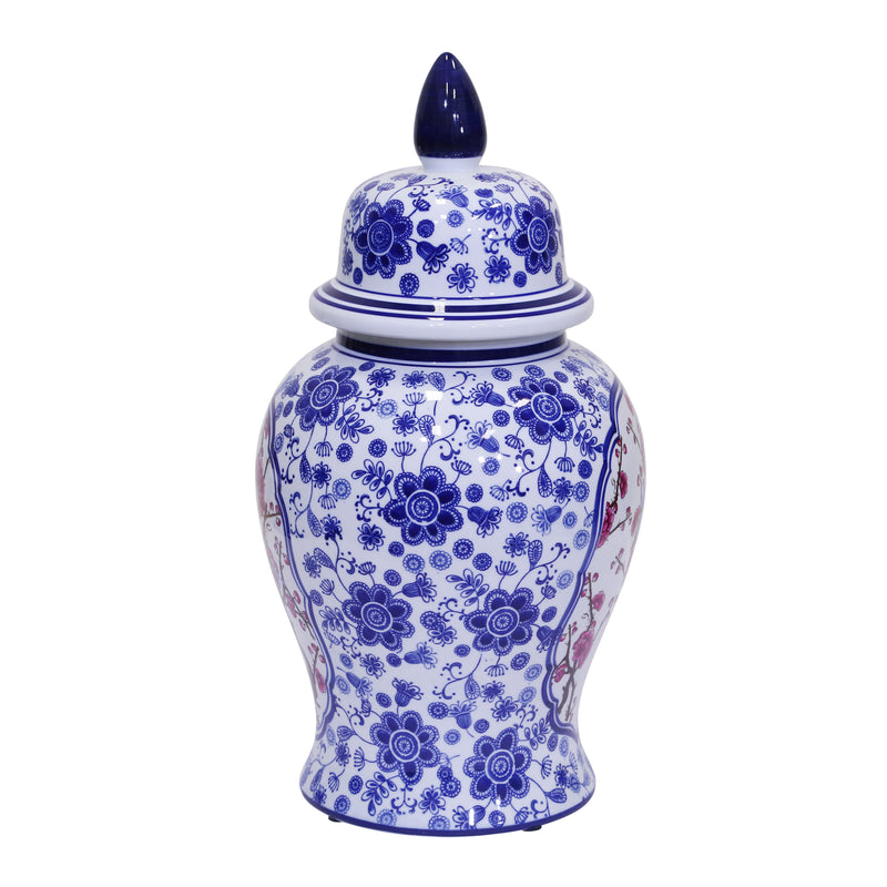 Decorative Ceramic Temple Jar, Blue/White/Crimson