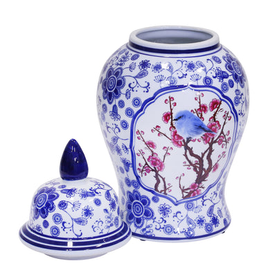 Decorative Ceramic Temple Jar, Blue/White/Crimson