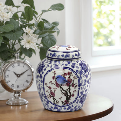 Decorative Ceramic Covered Jar, Blue/White/Crimson