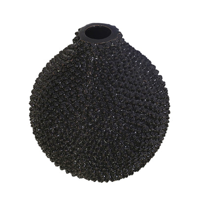 EC, GLOSS BLACK SPIKED CERAMIC VASE 8"