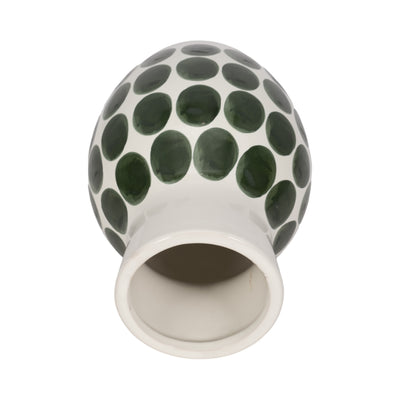 CER, 10"H FOREST GREEN POLK-A-DOT FLOWER VASE,WHT