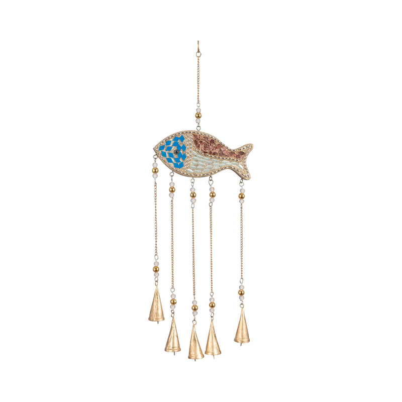 26" Mosaic Fish With Bells, Blue/gold