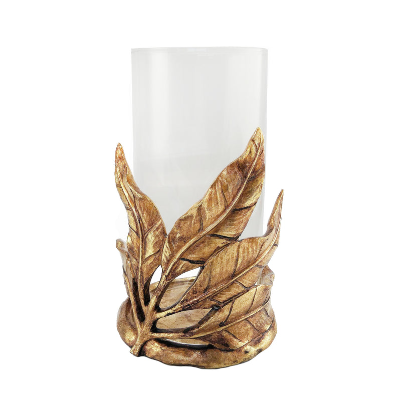 Polyresin Leaf Candle Holder With Glass, Gold